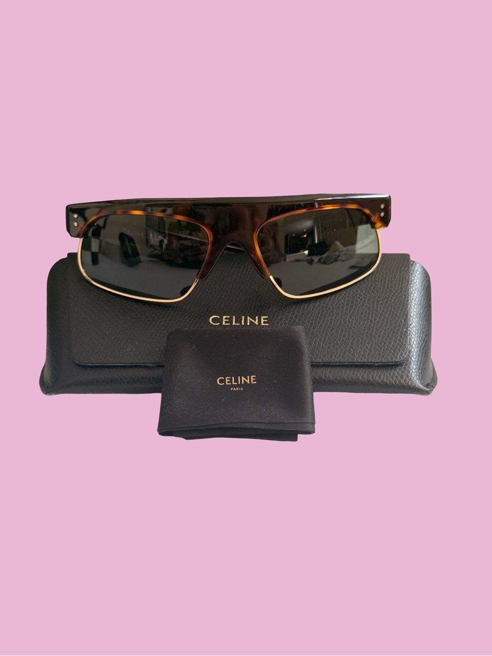 Celine Tortoiseshell Acetate Sunglasses with Black Lenses and Gold Trim Mens